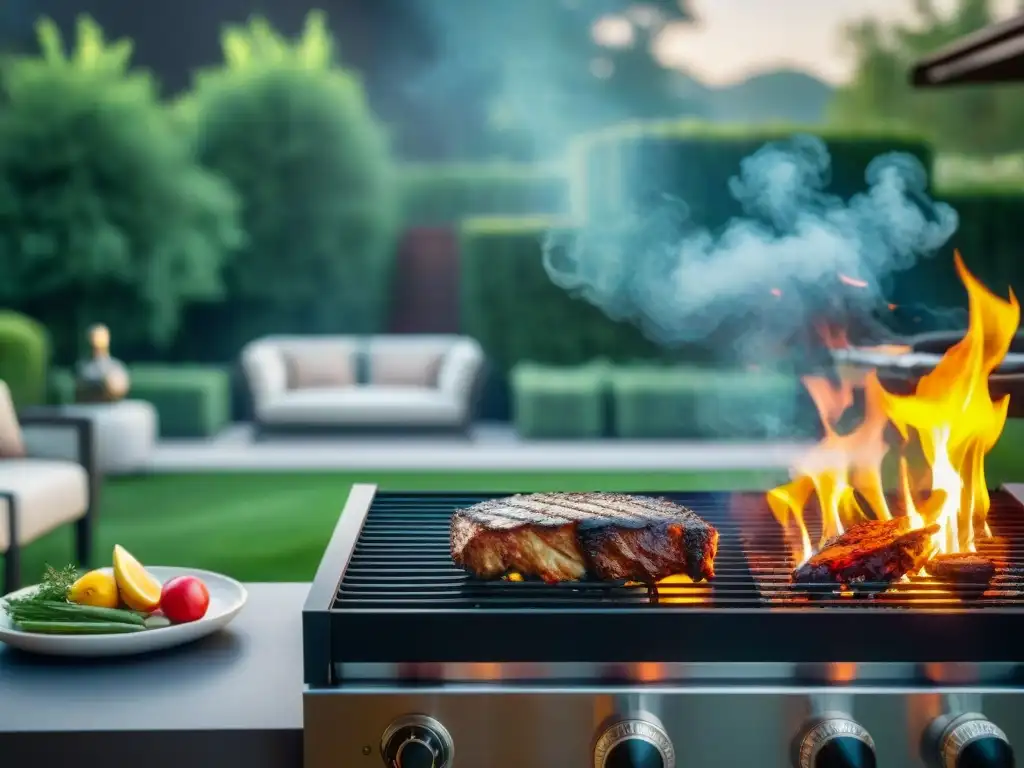 Escena de lujo: parrilla de acero inoxidable brillante en un elegante patio trasero, con mobiliario y jardín exuberante