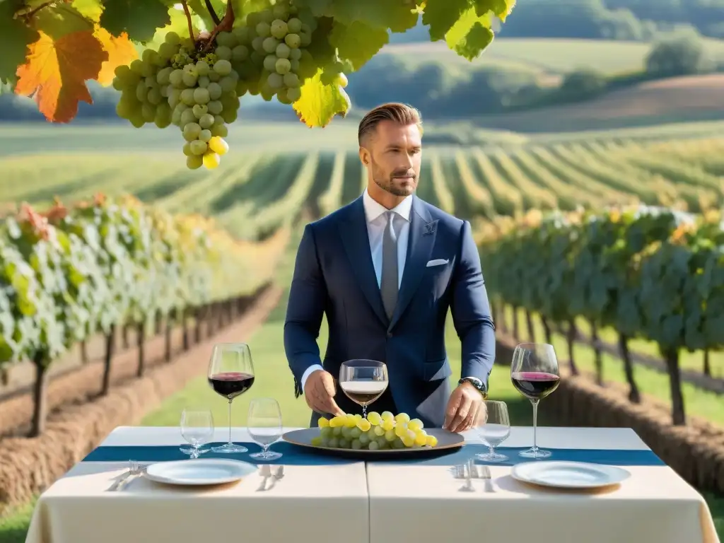 Una escena de lujo en viñedo de Borgoña: mesa elegante, uvas maduras, sommelier sirviendo vino, invitados admirando vista panorámica