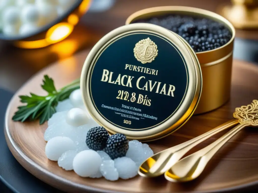 Una escena lujosa de caviar de lujo gourmet exclusivo con detalles dorados y perlas brillantes sobre hielo triturado