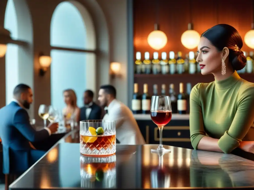 Una escena lujosa con cócteles y vinos exquisitos en un elegante bar