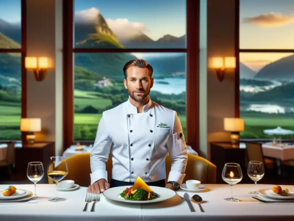 Una escena lujosa de un comedor de hotel con un chef famoso presentando un exquisito plato, ambiente elegante con vista panorámica