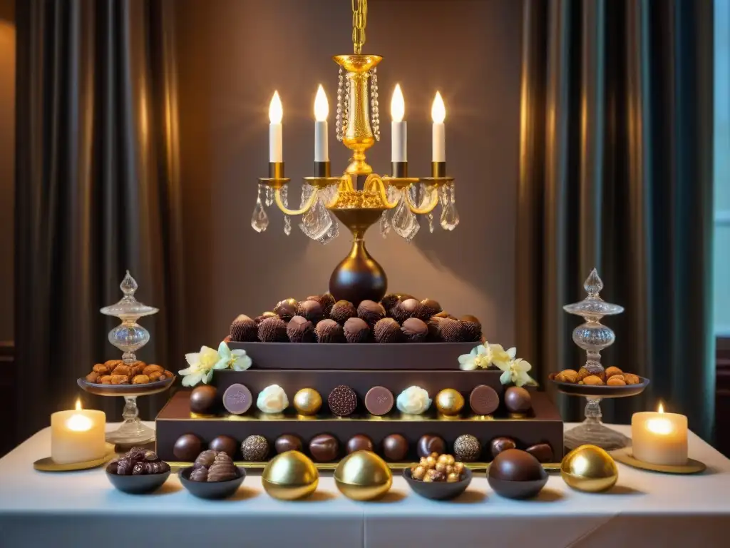 Una escena lujosa y exquisita de chocolates gourmet en un ambiente elegante y sofisticado