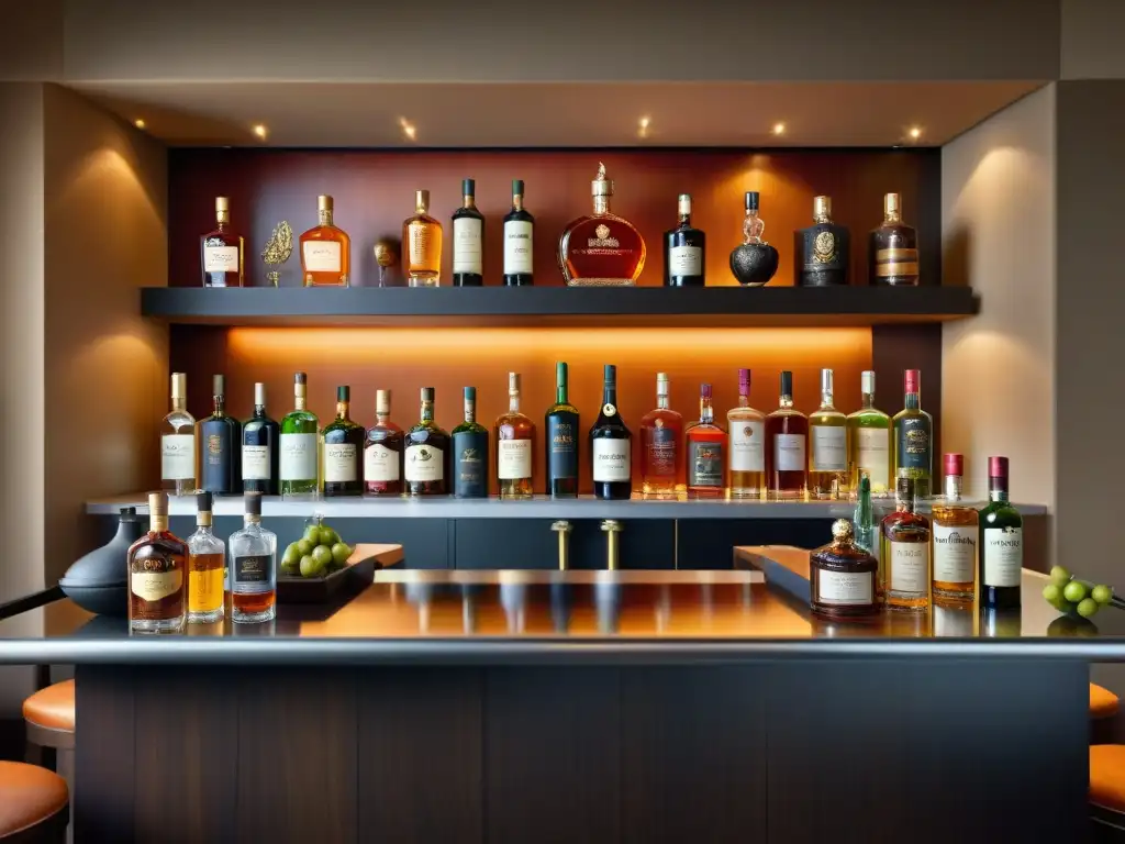 Bar de lujo: exóticos licores de todo el mundo Una escena lujosa de degustación de licores exóticos e inusuales para el gourmet, con botellas ornamentadas y frutas tropicales