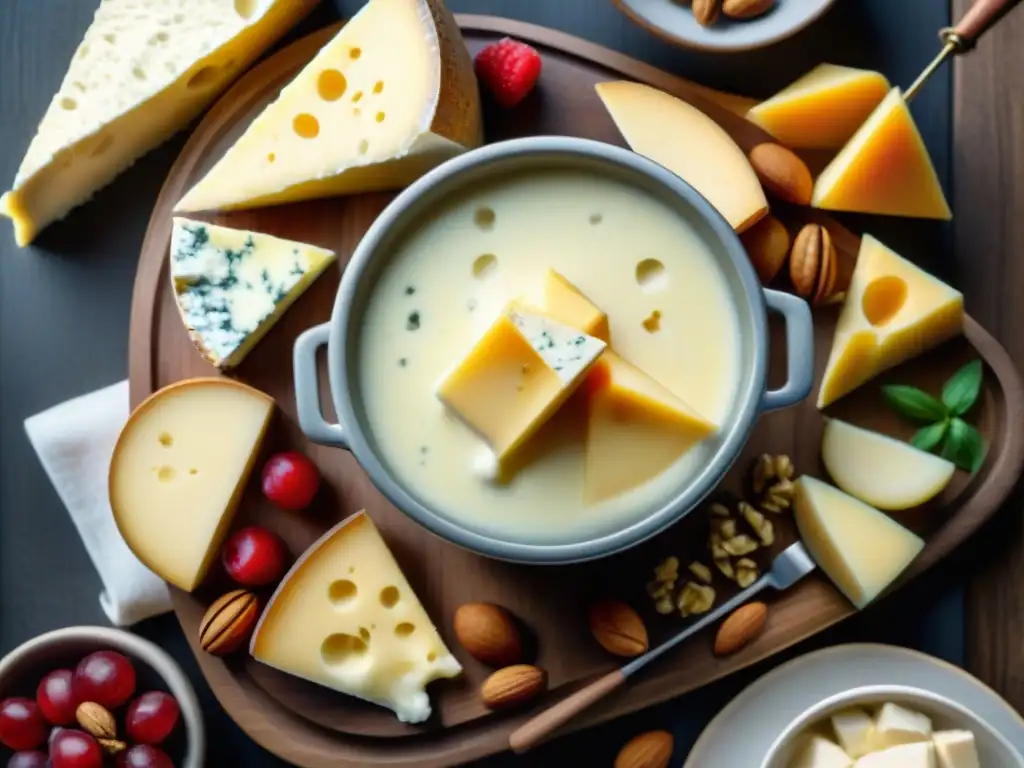 Una escena lujosa y tentadora de un set de fondue de queso rodeado de una variedad de quesos gourmet, pan crujiente y frutas frescas