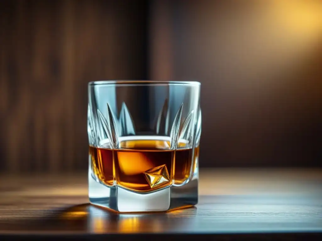 Una escena lujosa que muestra un vaso de whisky tallado con destilerías exclusivas arte en un elegante entorno de madera