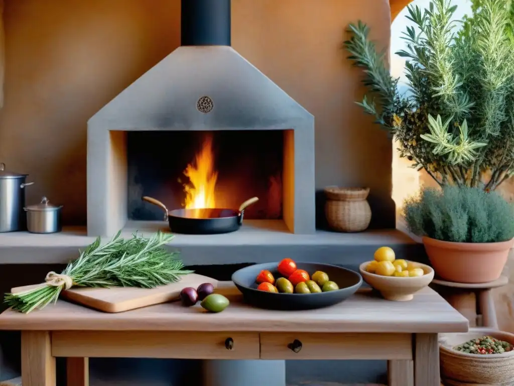 Escena mágica en una cocina al aire libre mediterránea con hierbas frescas humeantes, envuelta en aromas