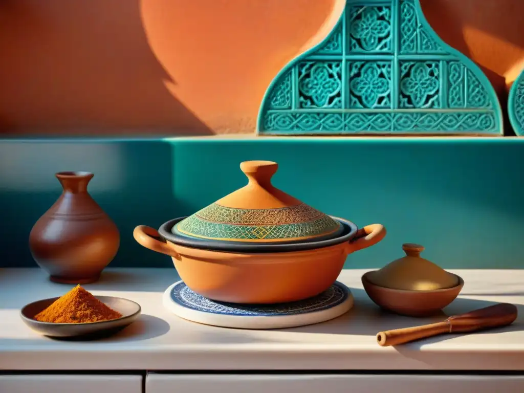 Una escena marroquí tradicional: un tagine de terracota repleto de especias exóticas en una mesa de mosaico vibrante