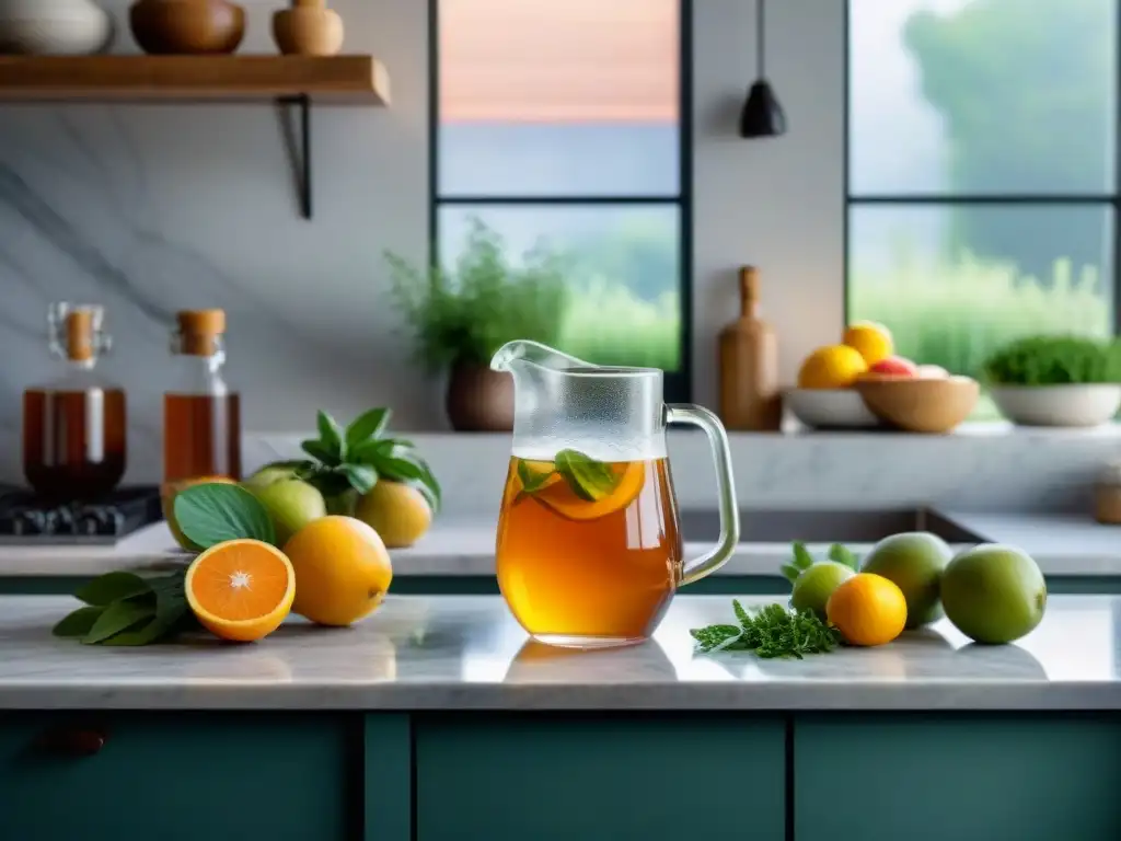 Una escena matutina serena en una cocina moderna con una jarra de kombucha rodeada de frutas y hierbas frescas en un mostrador de mármol