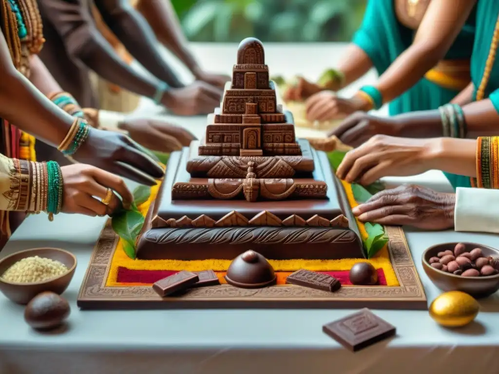 Una escena maya antigua llena de chocolate y felicidad, transmitiendo la psicología del chocolate cultura