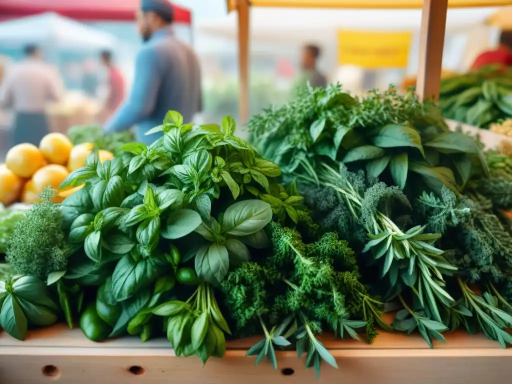 Una escena de mercado tradicional rebosante de hierbas frescas y vibrantes como albahaca, romero, tomillo y cilantro