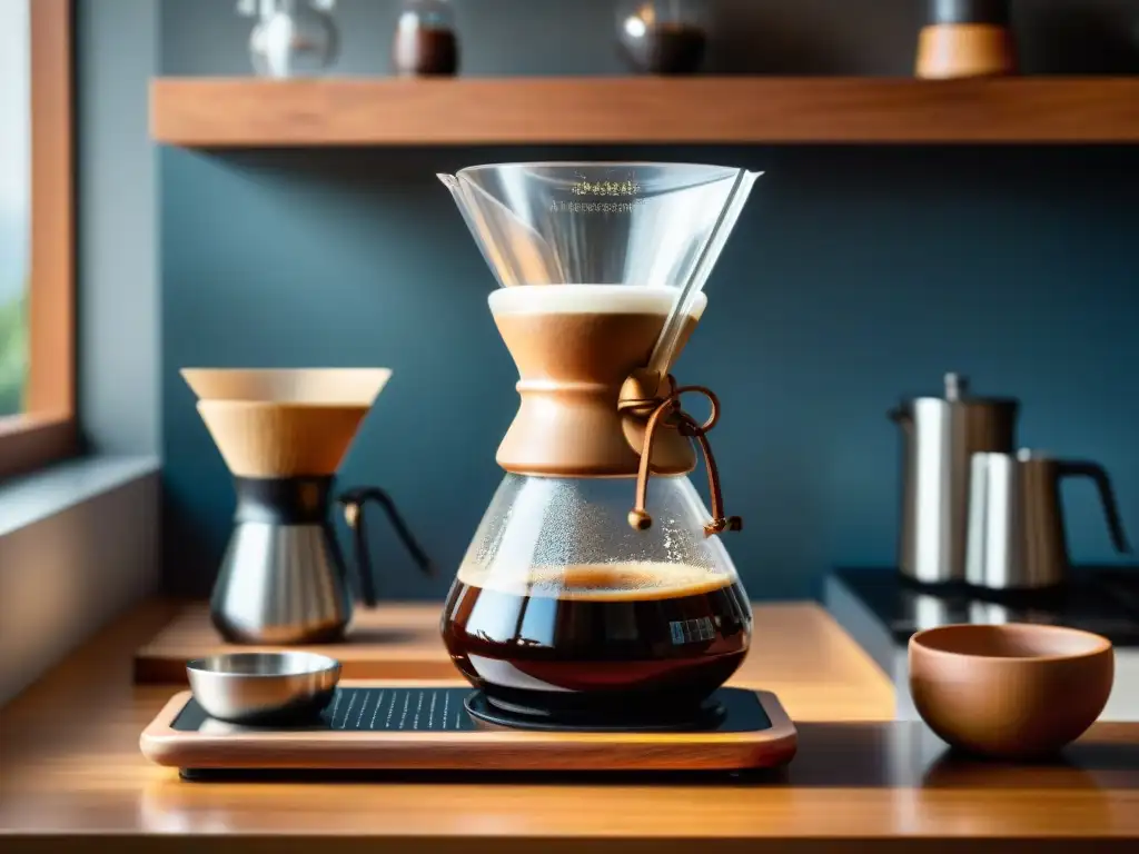 Una escena meticulosa y artística: Chemex en moderna cocina con ciencia detrás taza café equilibrada