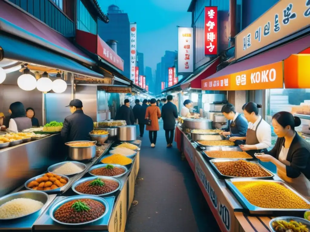 Escena nocturna de comidas callejeras Seúl gourmet: vendedor preparando plato tradicional rodeado de letreros coloridos y ambiente vibrante