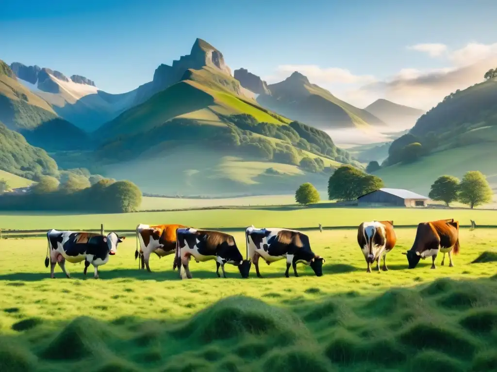 Escena pintoresca de una granja lechera al amanecer, con vacas sanas pastando en prados verdes bajo un cielo azul