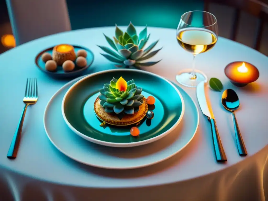 Una escena de alta gastronomía con platos exquisitos, elegante vajilla y luz ambiental cálida