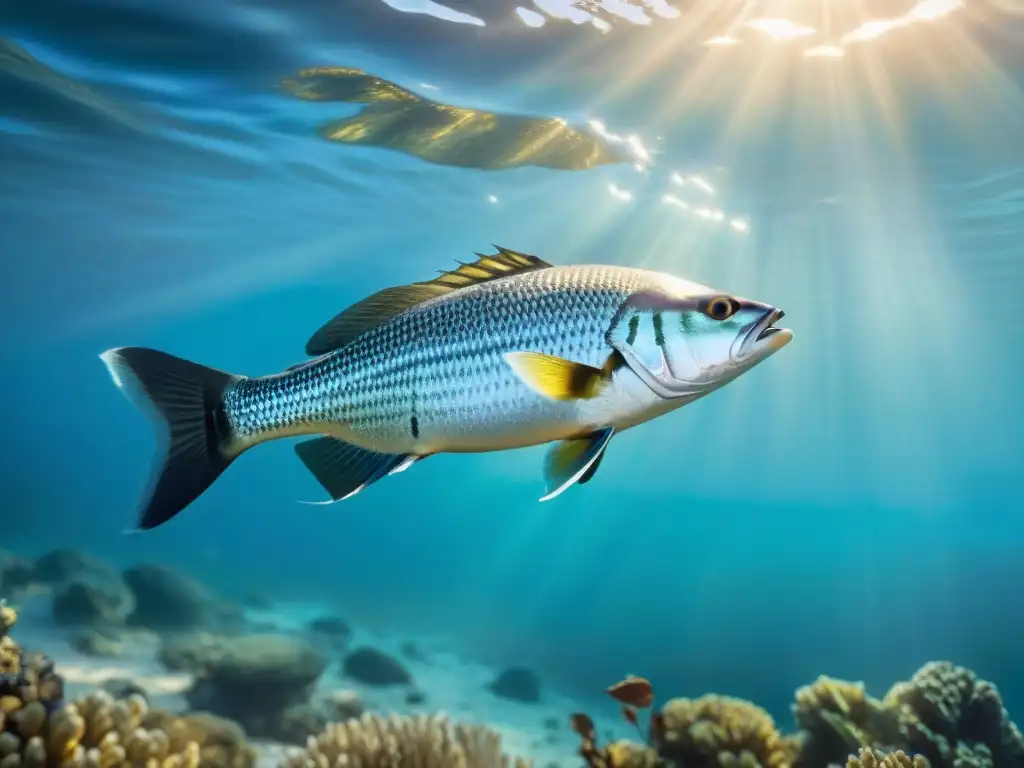 Una escena hiperealista de un prístino y brillante océano al amanecer, con una bandada de lubina salvaje nadando graciosamente en aguas cristalinas