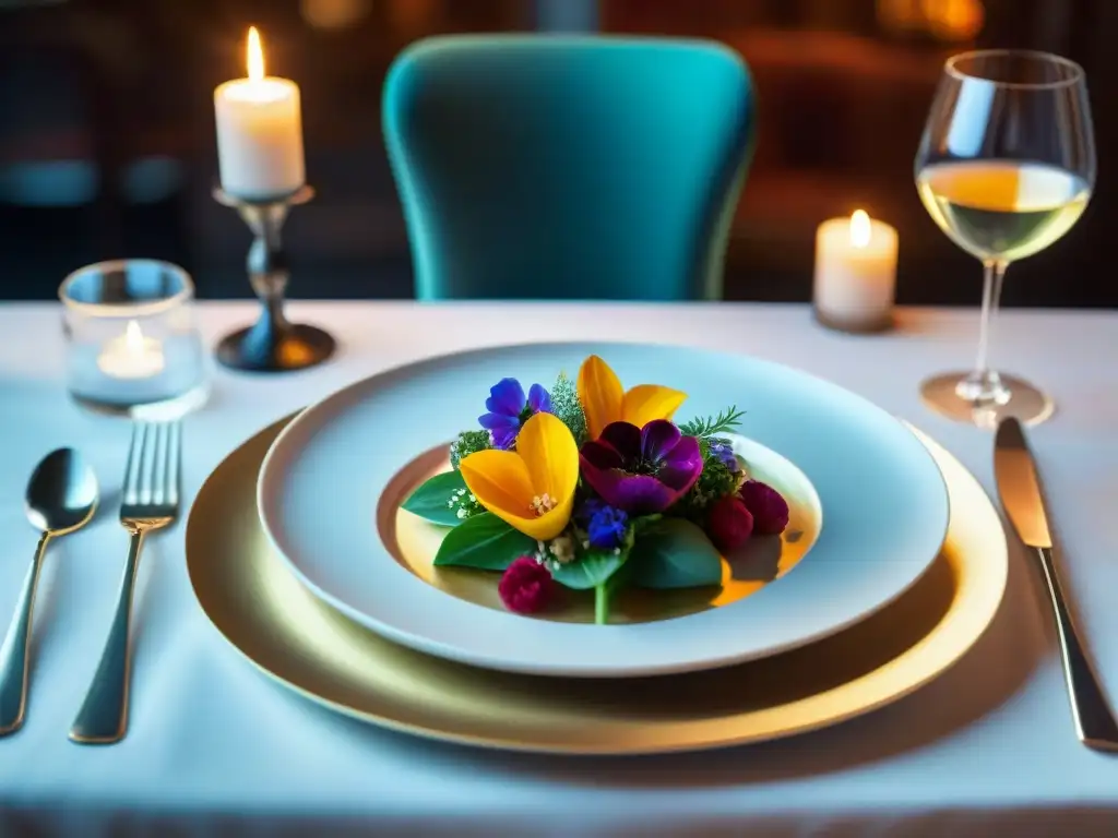 Exquisita cena gourmet: Arte culinario en un ambiente sofisticado Una escena refinada en un restaurante gourmet, estrategias narrativas marcas gourmet, con plato exquisito y elegante mesa iluminada por velas