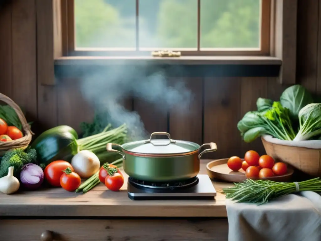 Escena rústica de cocina con ingredientes para sopas y guisos