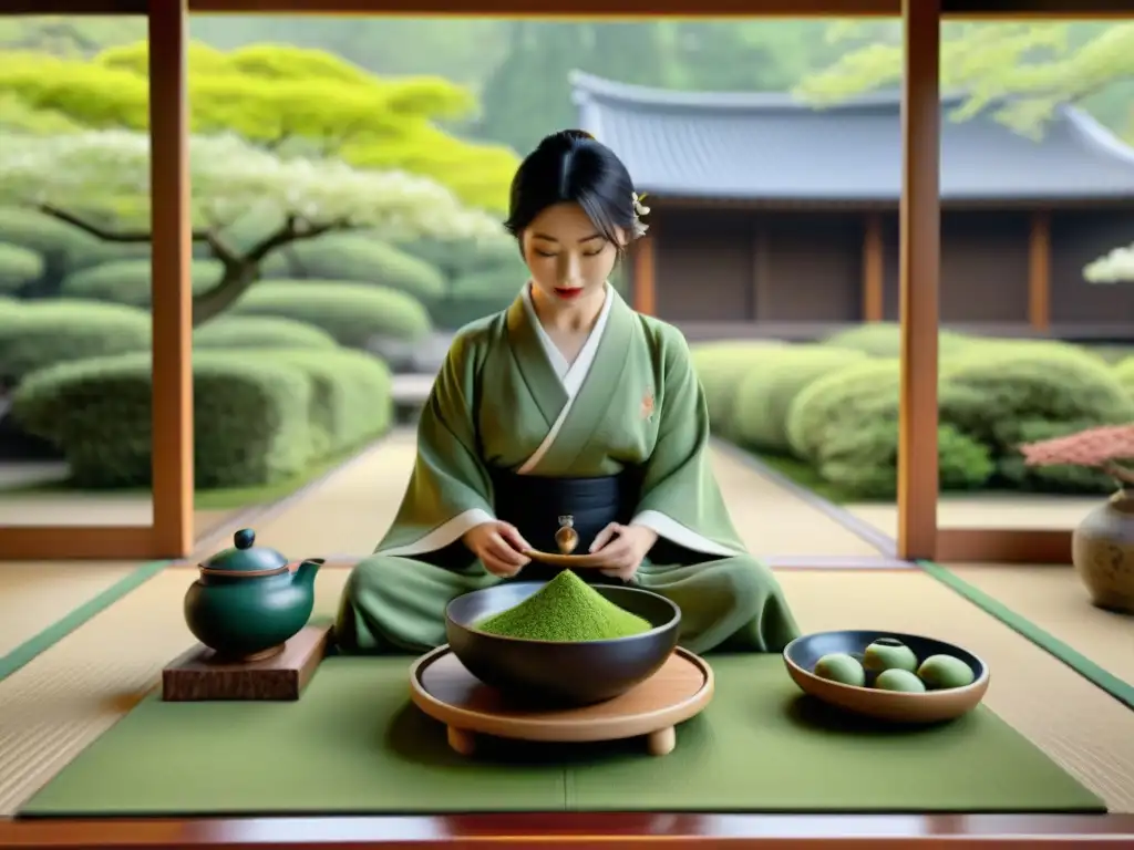 Escena serena de una ceremonia japonesa del té matcha, con maestro en kimono