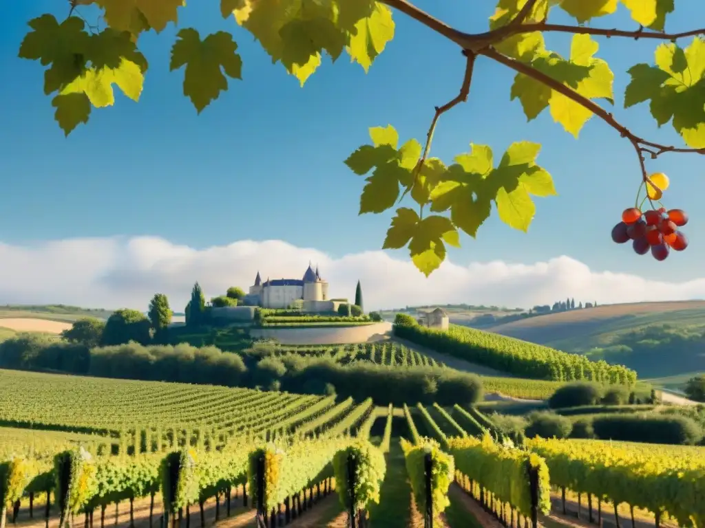 Una escena serena de viñedos en Burdeos, Francia, con uvas maduras y un chateau en colinas