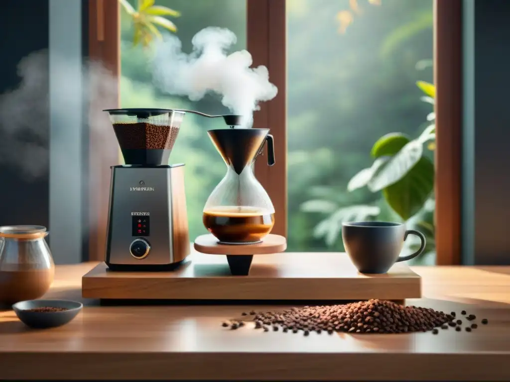 Una escena sofisticada y elegante de accesorios de catado de café profesional en casa, bañados por la luz del sol