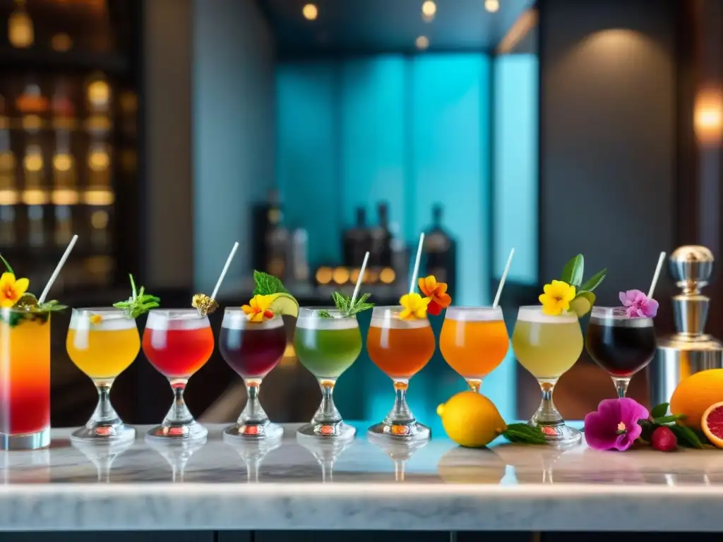 Una escena sofisticada de maridaje de cocteles gourmet en alta gastronomía, con colores vibrantes y detalles exquisitos