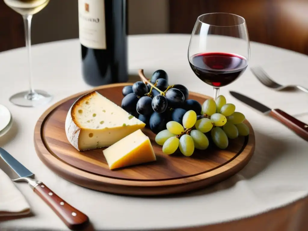 Exquisita mesa de vino orgánico y quesos Una escena sofisticada con mesa elegante, vinos orgánicos, quesos y pan artesanal