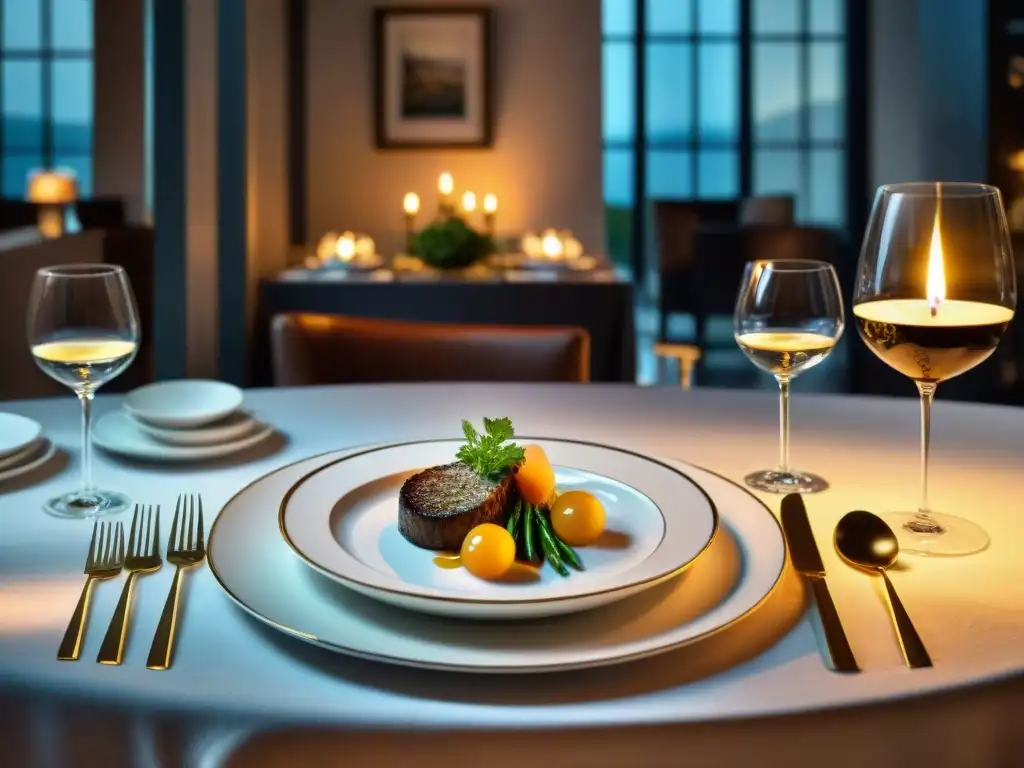 Una escena sofisticada de mesa elegante con vajilla fina y platos gourmet maridados con vinos, en un ambiente íntimo iluminado por velas