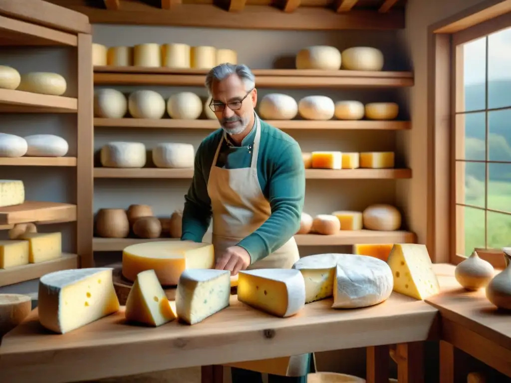 Escena en un taller de elaboración de quesos artesanales gourmet con estantes de madera repletos de quesos envejecidos