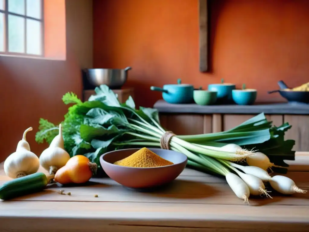 Una escena tradicional de cocina mexicana con yucas y camotes frescos en una mesa de madera rústica