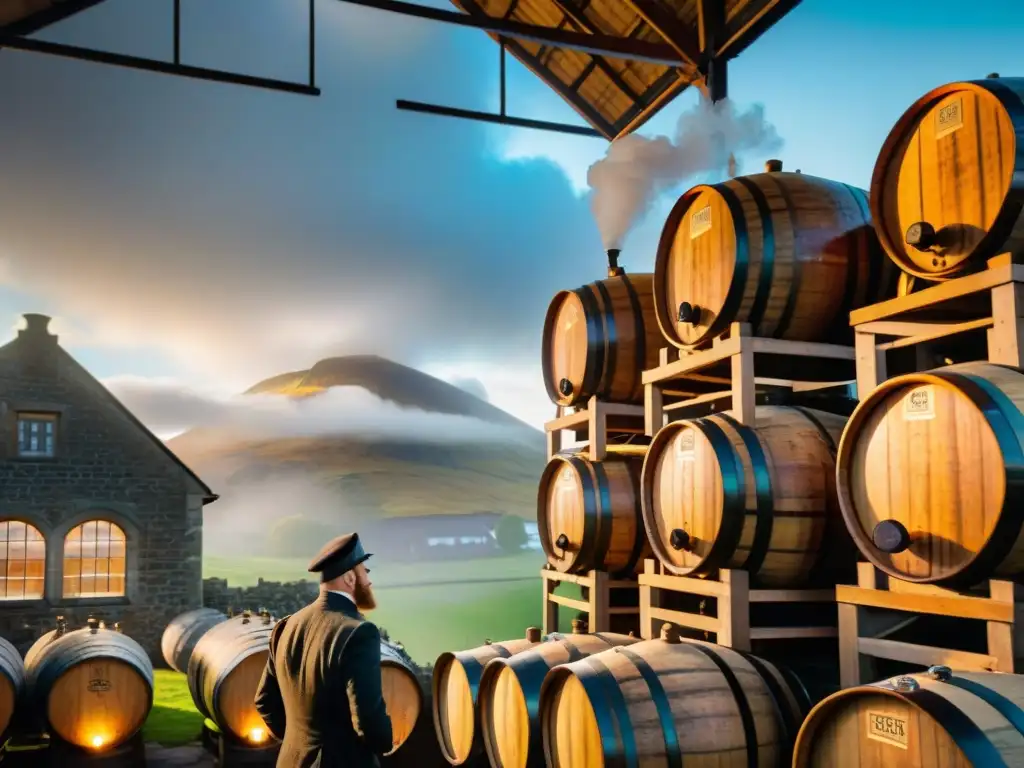Escena única de destilería escocesa con destilador inspeccionando whisky dorado, barriles envejeciendo y naturaleza exuberante