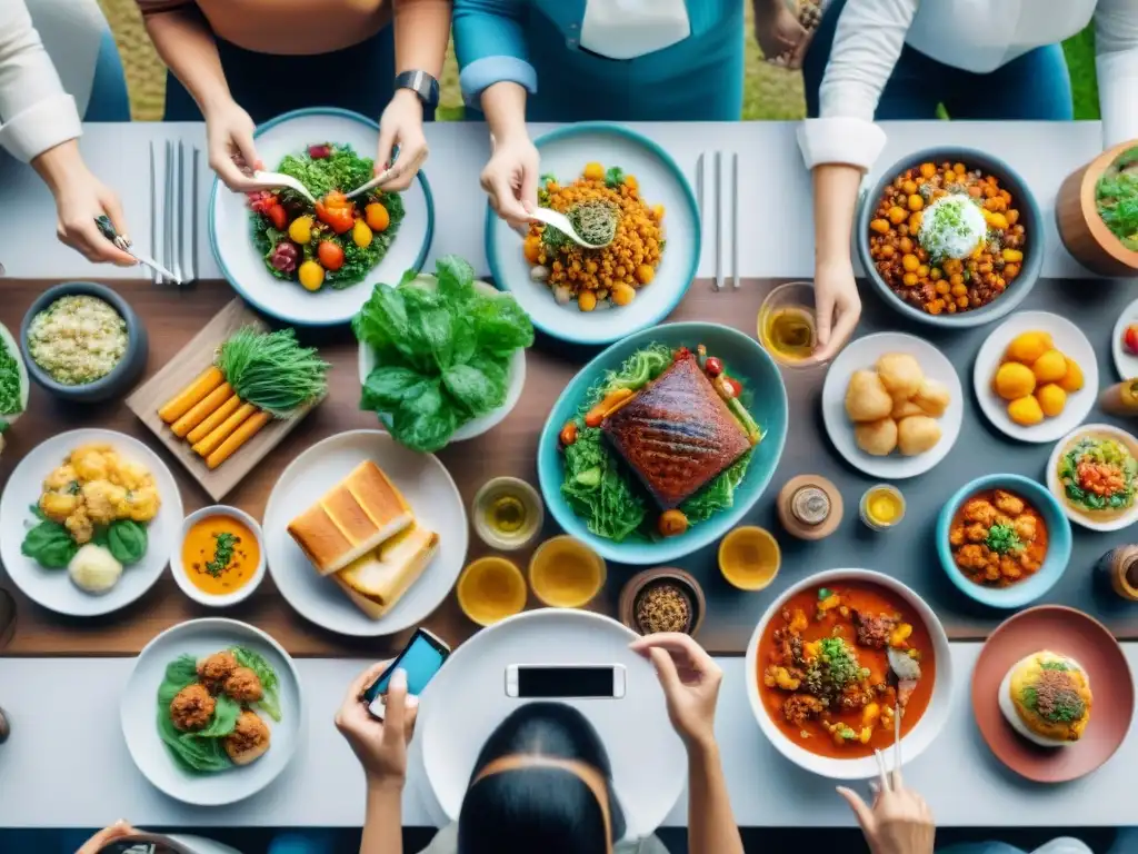 Una escena vibrante de bloggers gastronómicos modernos capturando y compartiendo tendencias culinarias