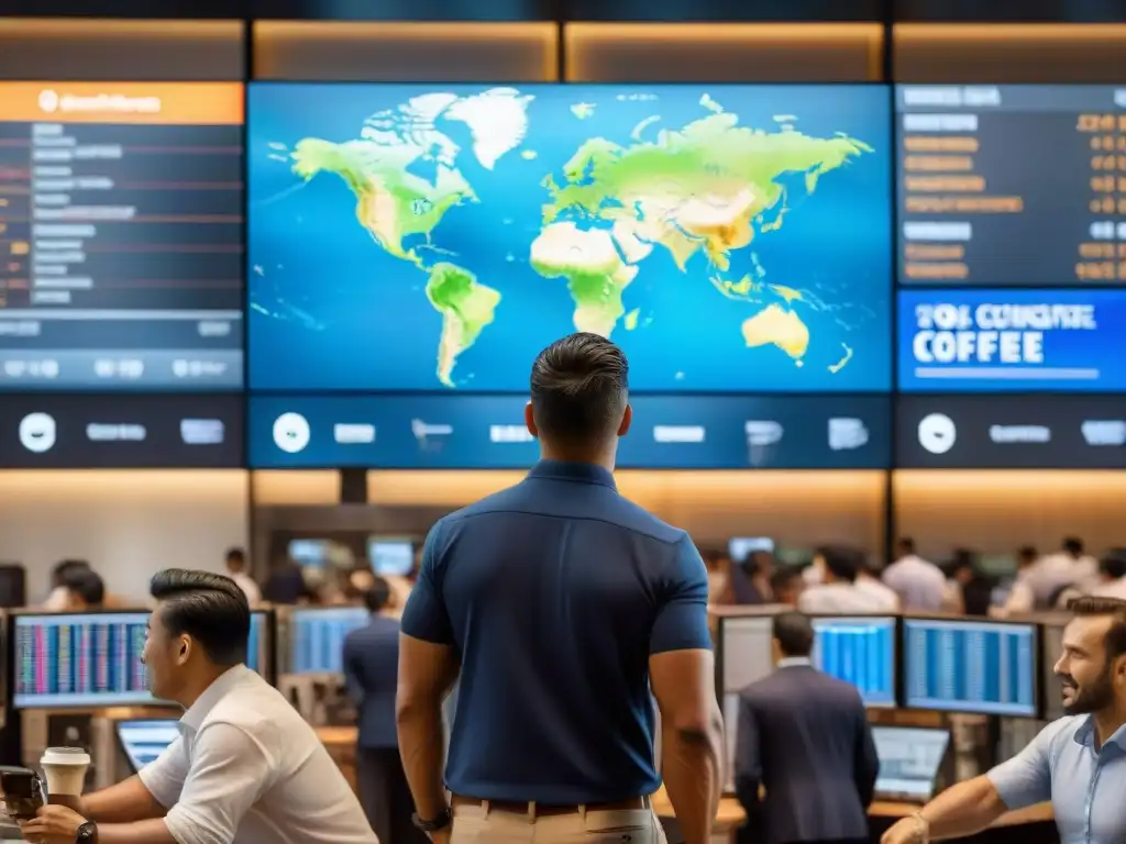 Escena vibrante en una bolsa de café global, con traders, precios y un mapa mundial