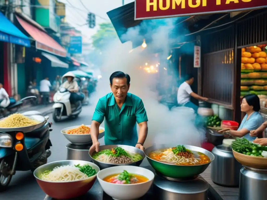 Escena vibrante de una bulliciosa calle en Ho Chi Minh, Vietnam, con puestos de comida callejera vendiendo auténtico Pho vietnamita