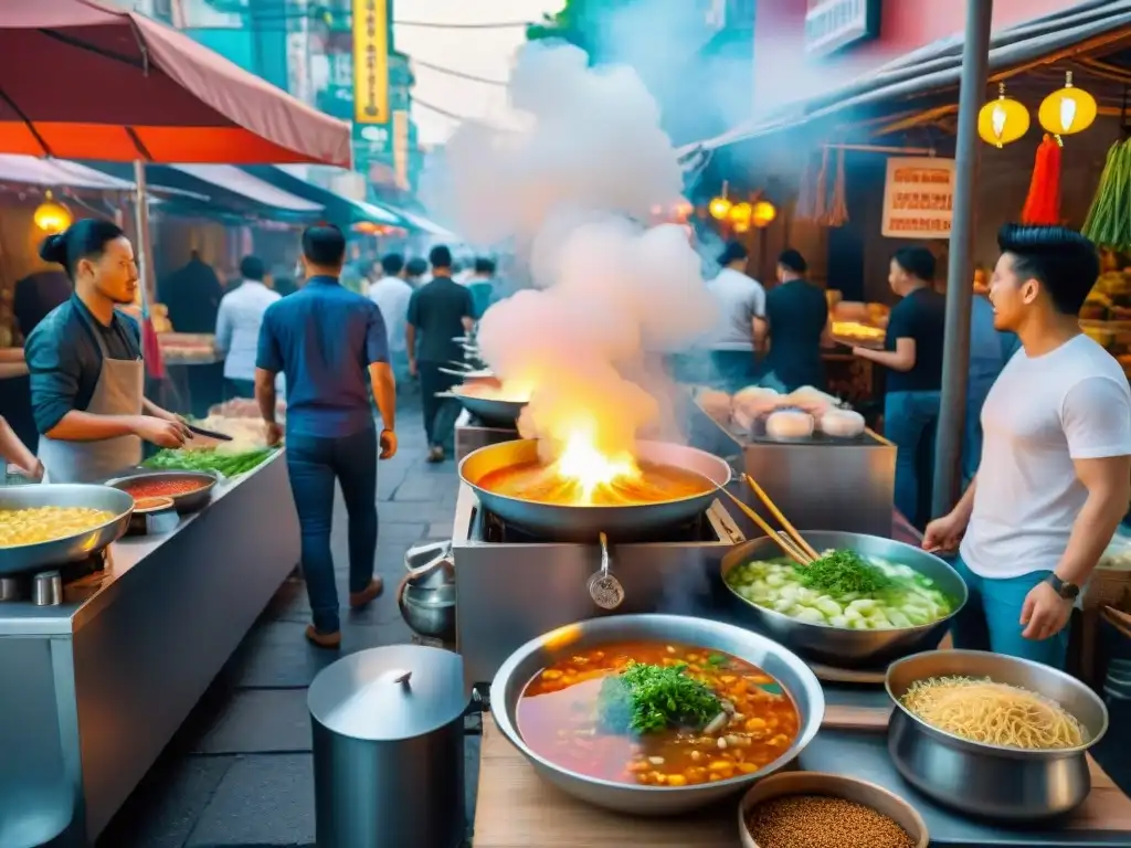 Una escena vibrante de un bullicioso mercado de sopas callejeras asiáticas gourmet, con clientes ansiosos y coloridos ingredientes