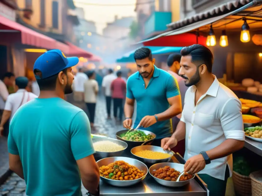 Escena vibrante de un bullicioso mercado de comida callejera en América Latina, donde se transmiten recetas tradicionales