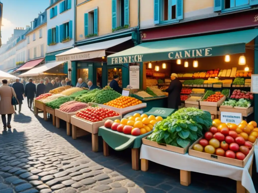 Escena vibrante de un bullicioso mercado francés al amanecer, con productos frescos y locales