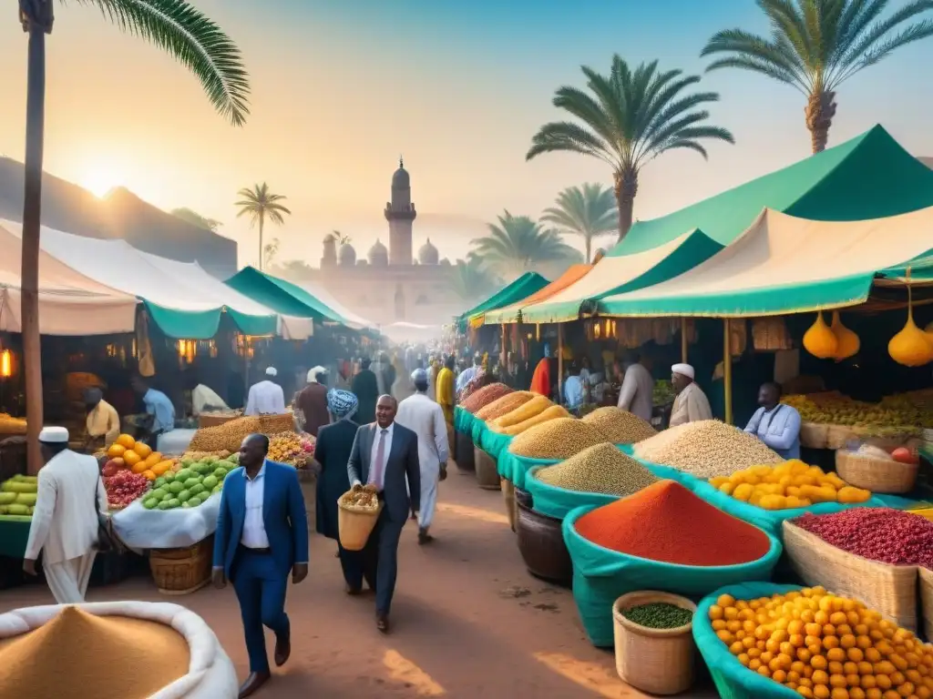 Escena vibrante de un bullicioso mercado en África o Medio Oriente, con colores exóticos y energía