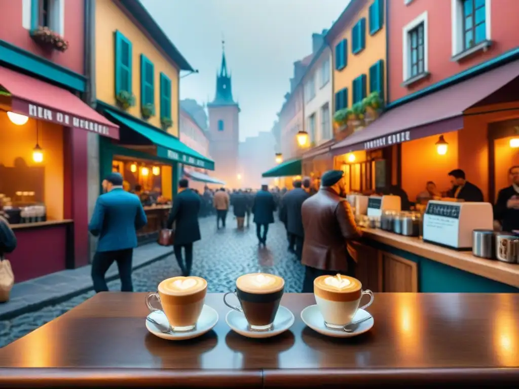 Escena vibrante en un café histórico de la ciudad, donde el café es parte esencial