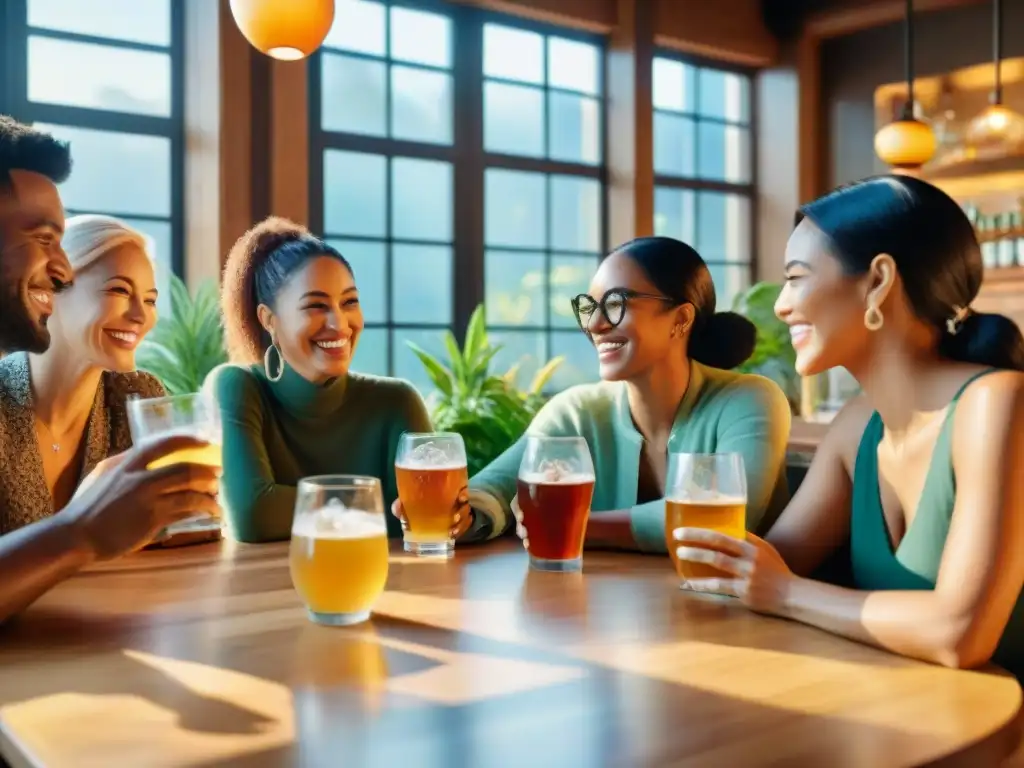 Una escena vibrante en una cafetería con gente diversa disfrutando de kombucha