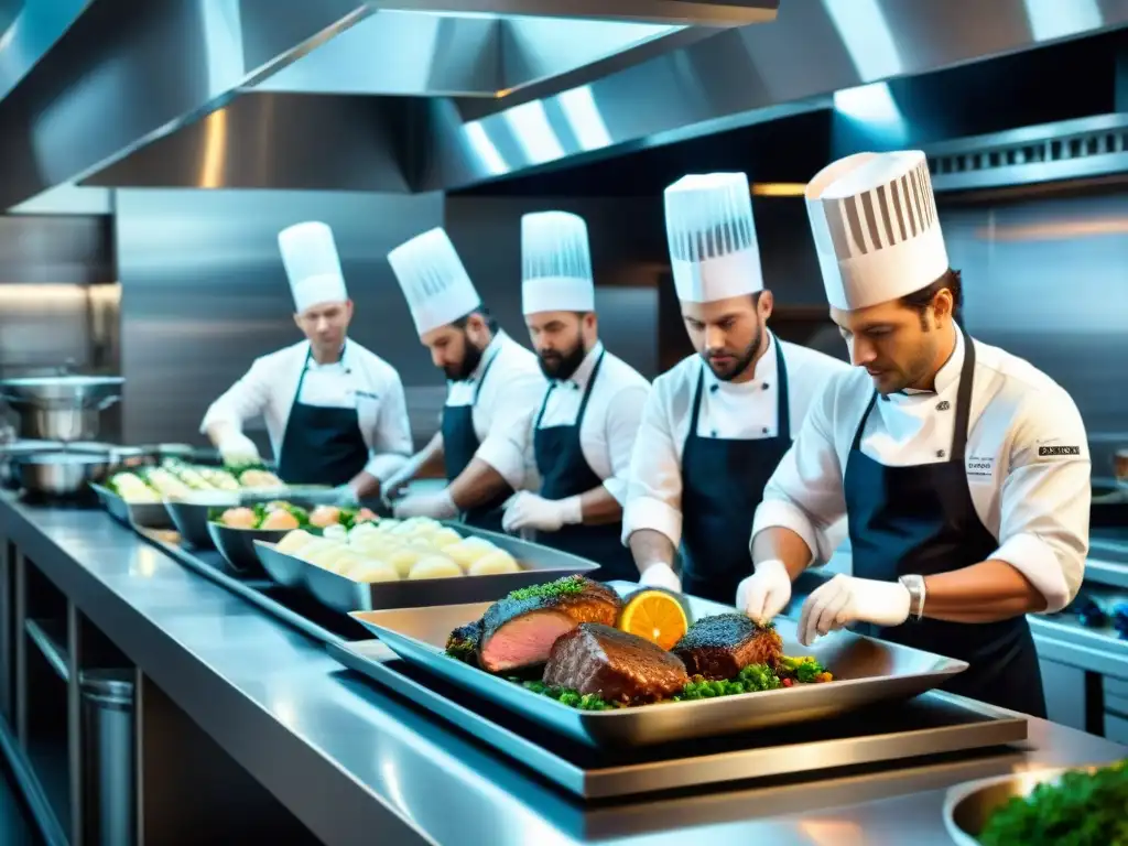 Una escena vibrante de chefs preparando platillos clásicos gourmet en una cocina moderna y lujosa