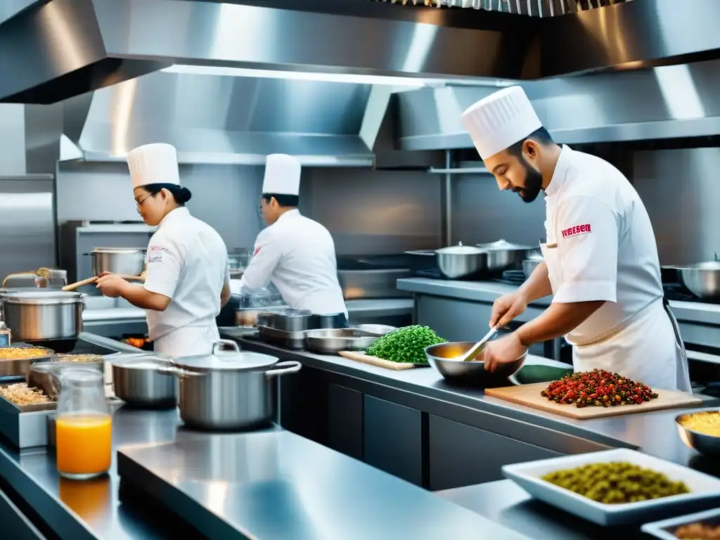 Cocina de fusión: chefs innovadores en acción Una escena vibrante de una cocina étnica tradicional con sabores renovados, chefs colaborando en una fusión culinaria innovadora