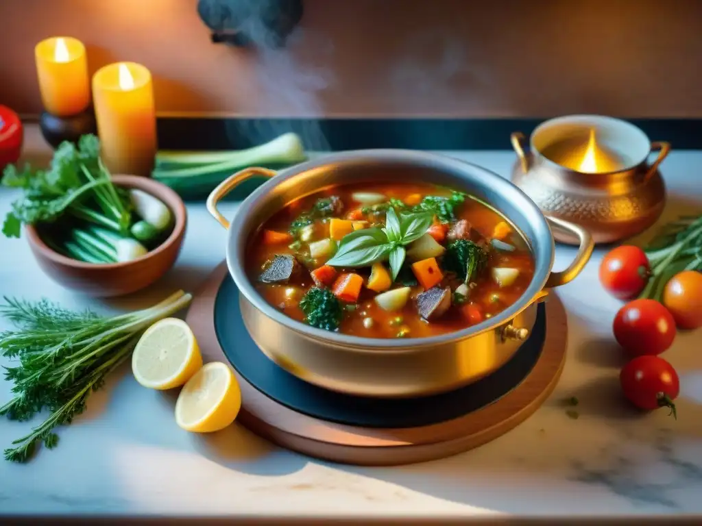 Una escena vibrante de una cocina mediterránea tradicional con sopas y guisos, destacando técnicas de cocina inmersión