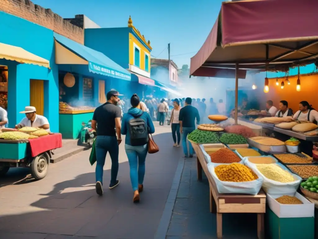 Escena vibrante de comida callejera vegana en América Latina: puestos coloridos, diversidad de personas y música tradicional