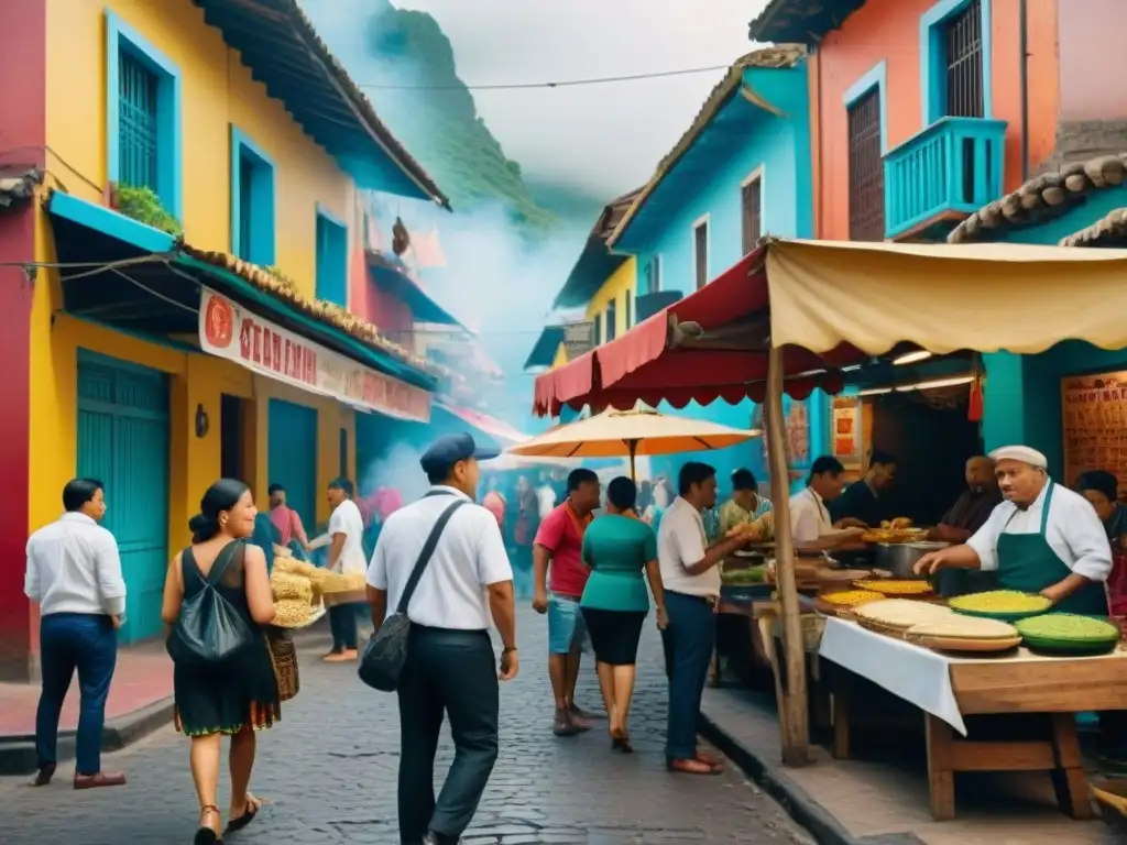 Escena vibrante de comida callejera en América Latina: coloridos puestos de tacos, arepas, empanadas y tamales, gente diversa disfrutando