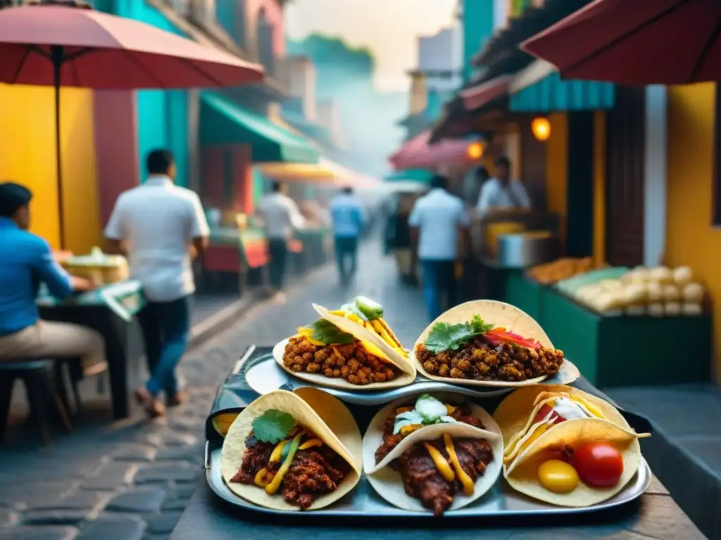 Escena vibrante de comida callejera gourmet en América Latina bajo un atardecer dorado en la Ciudad de México