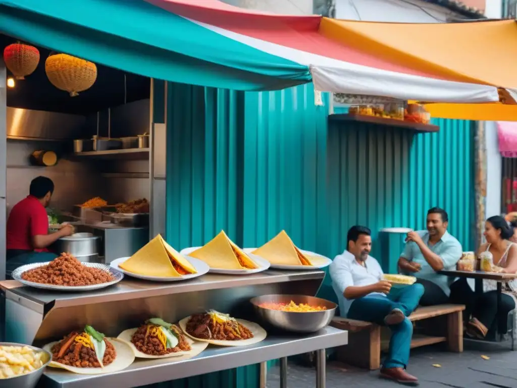 Una escena vibrante de comida callejera en México con vendedores y clientes disfrutando de sus comidas bajo una colorida carpa de banderas