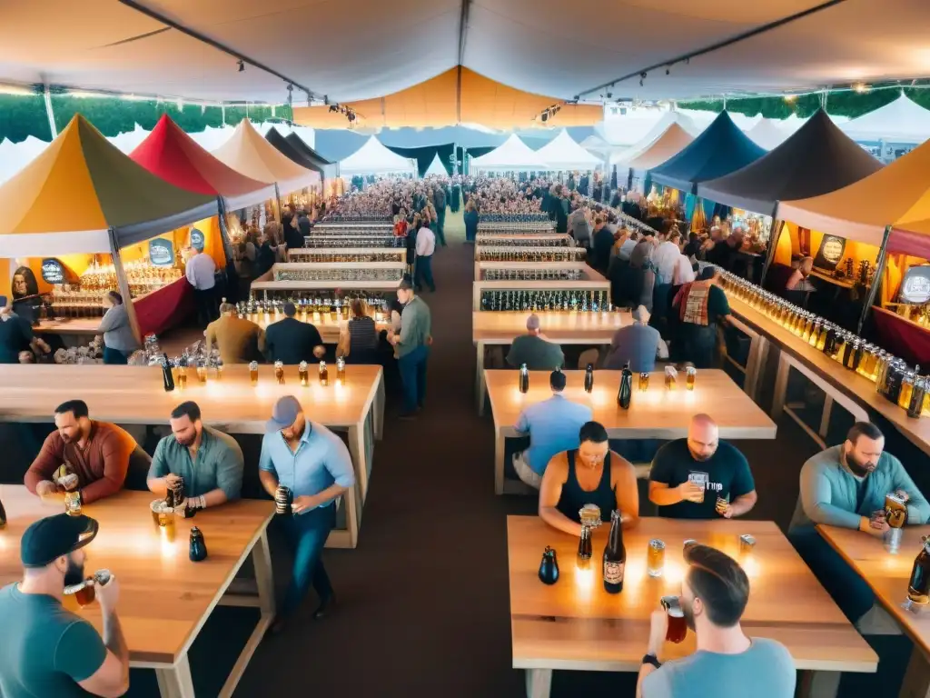 Una escena vibrante en un festival de cerveza artesanal, con gente diversa disfrutando de cervezas únicas bajo el sol poniente