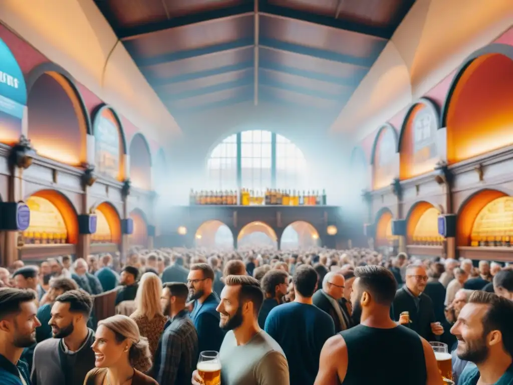 Escena vibrante de festival de cerveza, con gente diversa disfrutando de diferentes tipos de cerveza en un ambiente tradicional y moderno