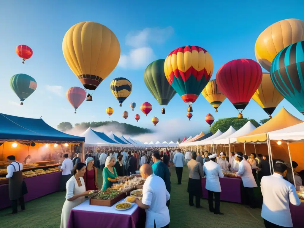 Escena vibrante de festival de comida gourmet mundo con chefs y platos internacionales coloridos en un ambiente festivo