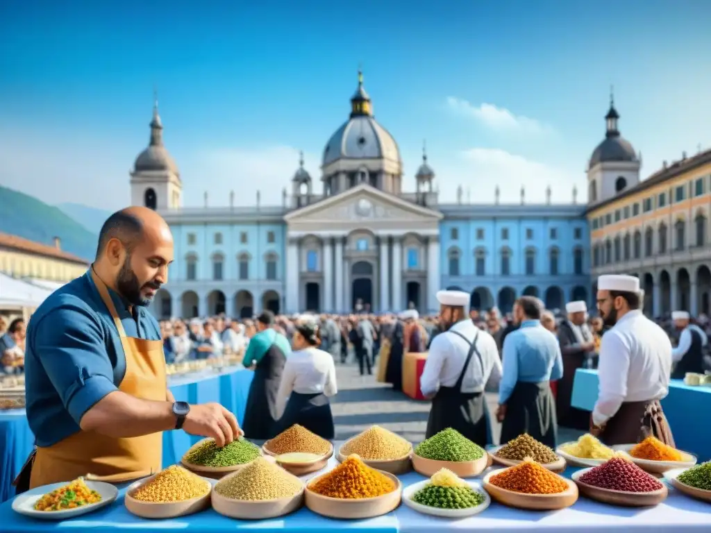 Escena vibrante de un festival de comida en Turín, Italia, con platos gourmet coloridos de todo el mundo